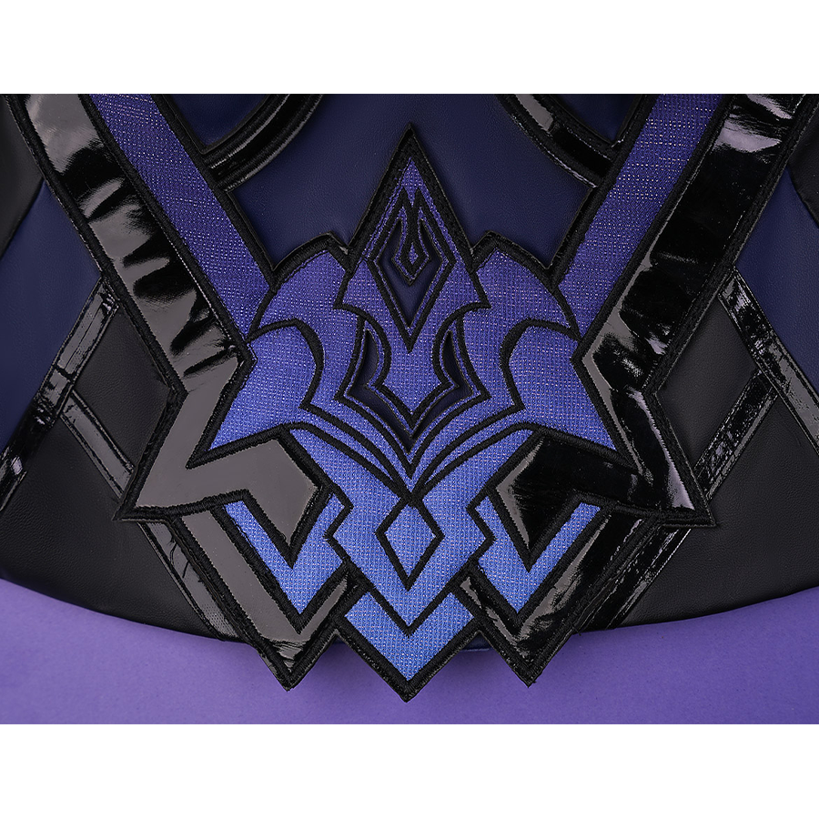 Flins cosplay costume cloak back emblem close-up with intricate blue geometric pattern on black fabric