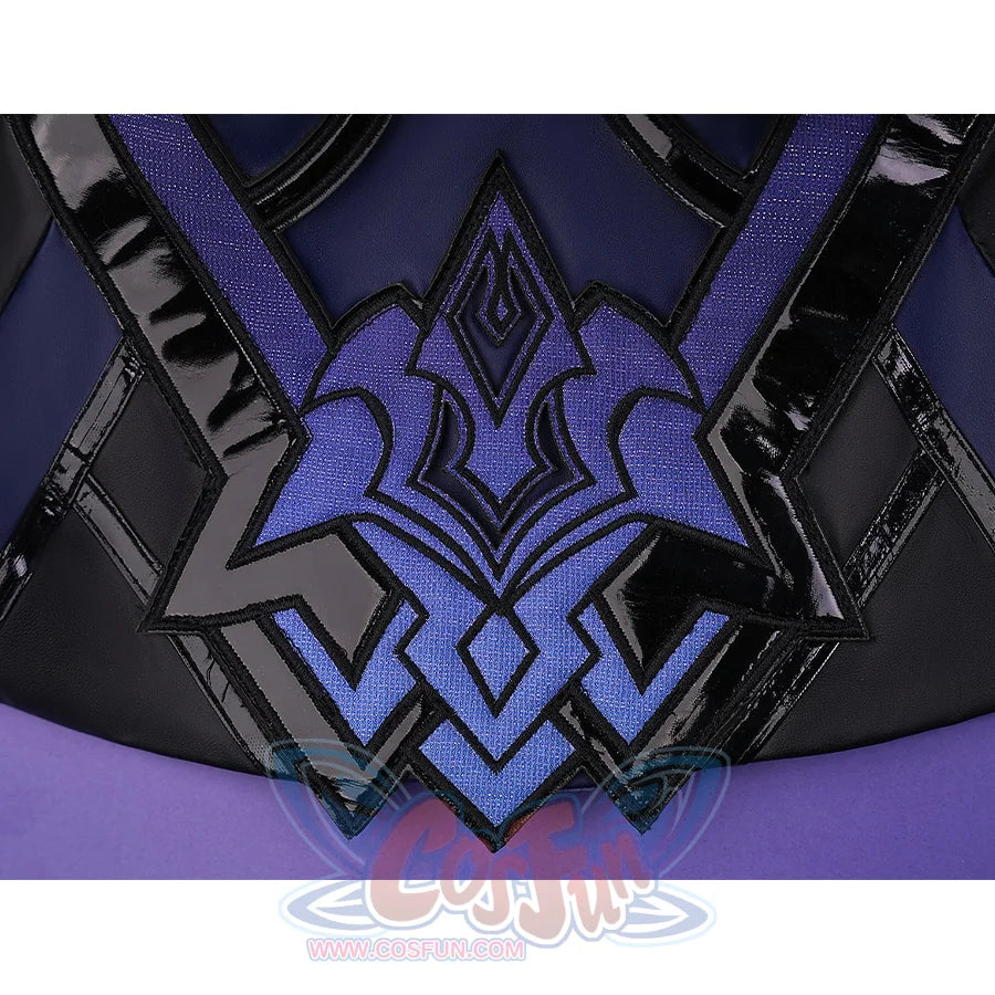 Flins cosplay costume cloak back emblem close-up with intricate blue geometric pattern on black fabric