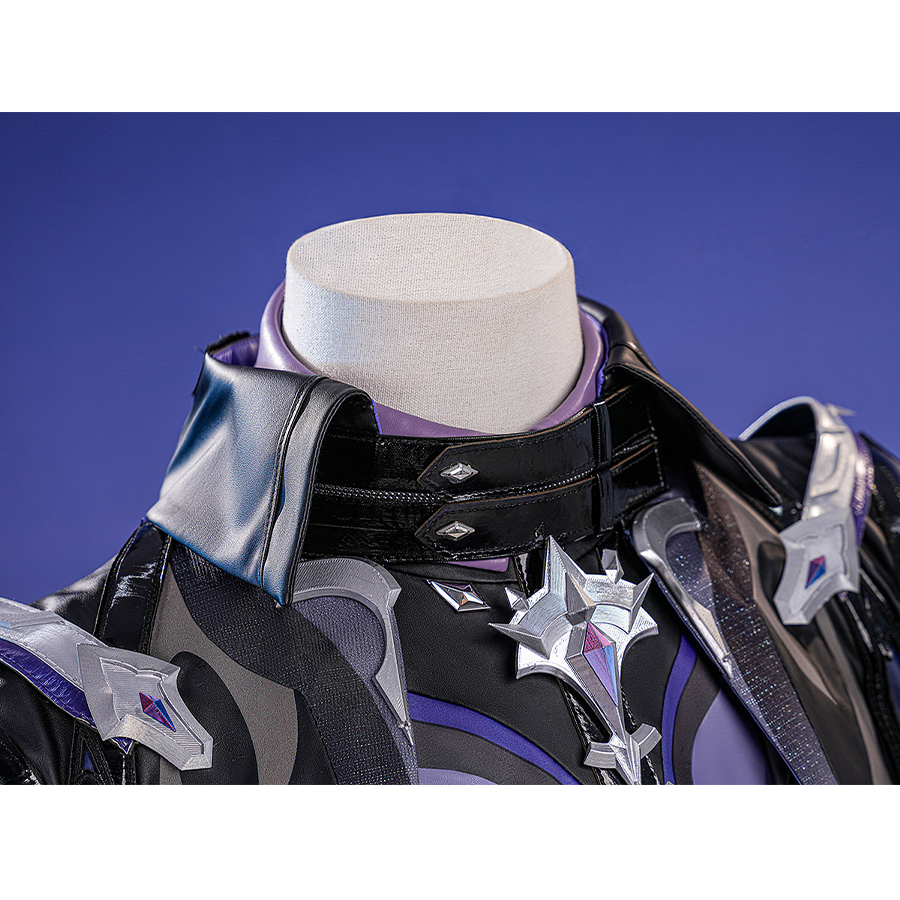 Flins cosplay costume collar detail with black neckpiece, purple lining and silver shoulder armor accents