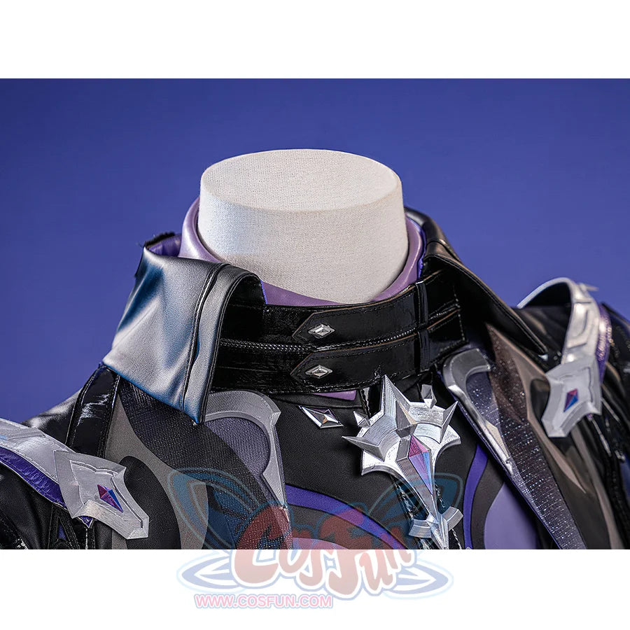Flins cosplay costume collar detail with black neckpiece, purple lining and silver shoulder armor accents