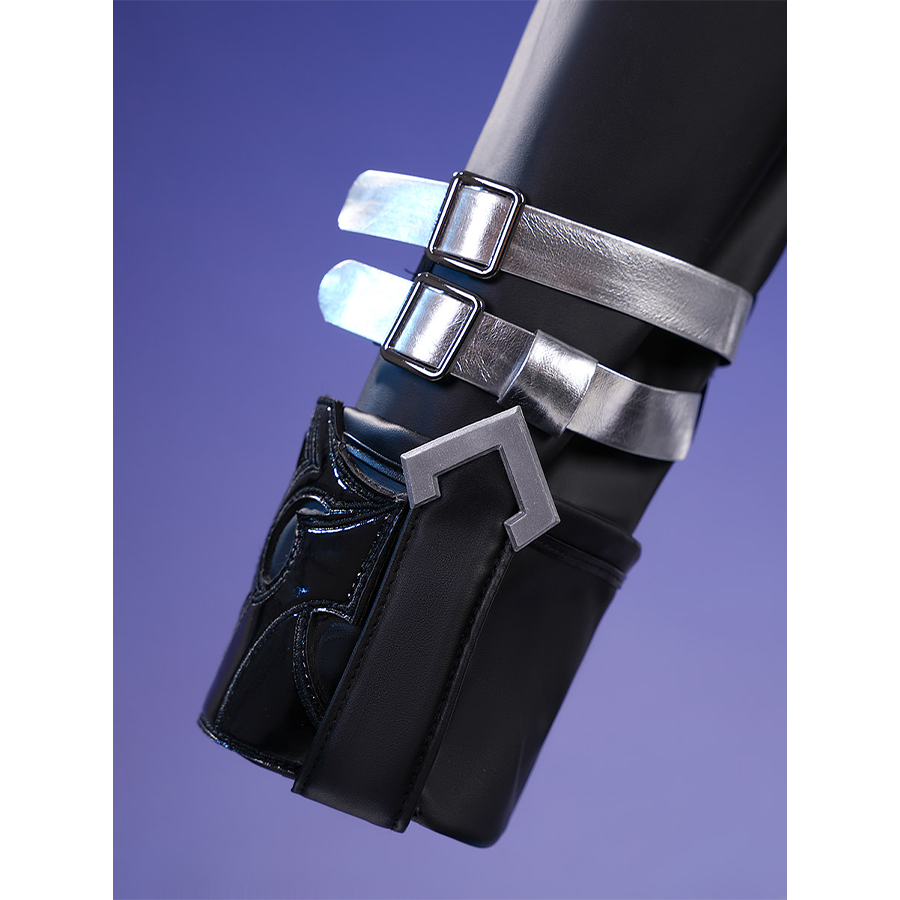 Flins cosplay costume cuff detail showing silver buckle straps and black fabric with blue embroidered patterns