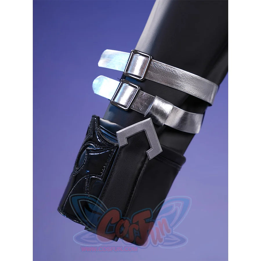 Flins cosplay costume cuff detail showing silver buckle straps and black fabric with blue embroidered patterns