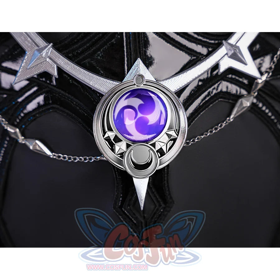 Flins cosplay costume back waist gem close-up with silver star frame and large purple swirl centerpiece