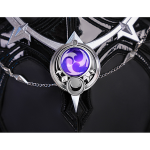 Flins cosplay costume back waist gem close-up with silver star frame and large purple swirl centerpiece
