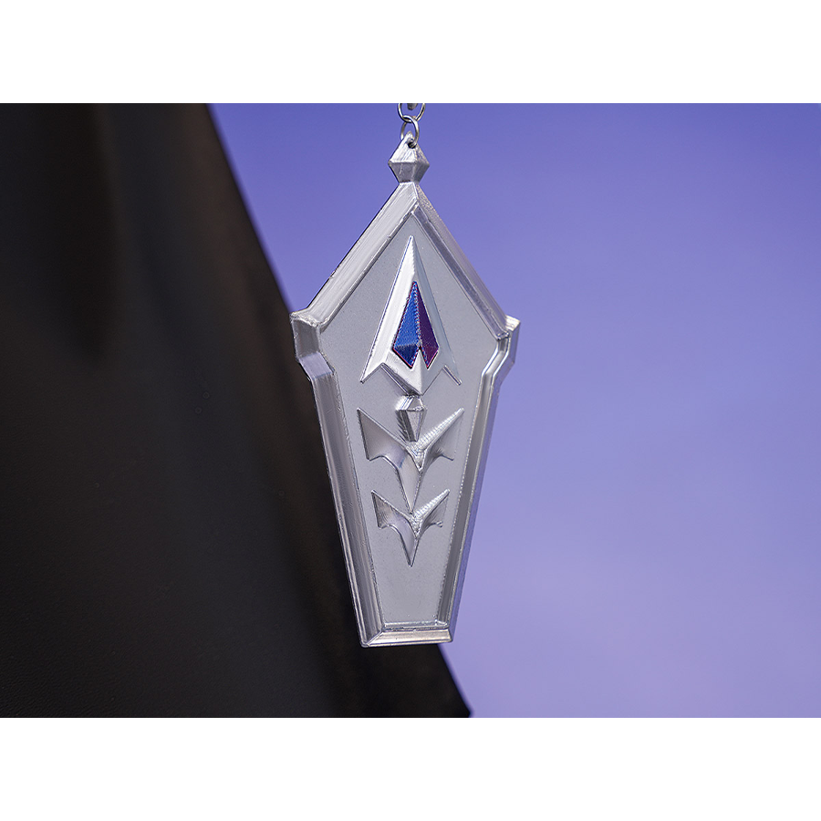 Flins cosplay costume waist chain pendant detail with silver shield shape, blue gem and arrow patterns