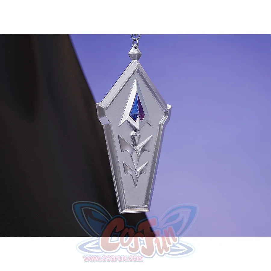 Flins cosplay costume waist chain pendant detail with silver shield shape, blue gem and arrow patterns