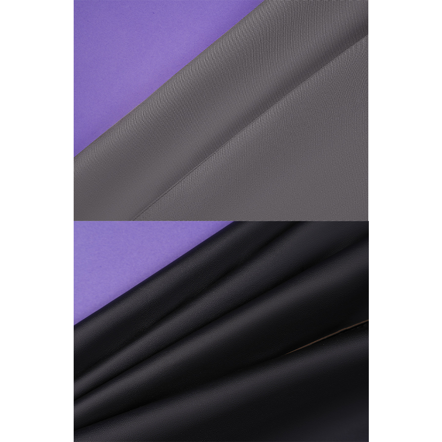 Flins cosplay costume fabric materials displaying gray textured and smooth black fabric on purple base