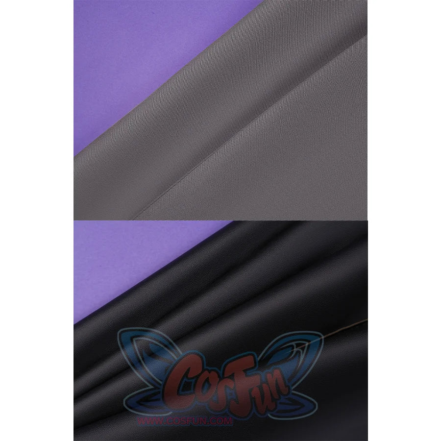 Flins cosplay costume fabric materials displaying gray textured and smooth black fabric on purple base