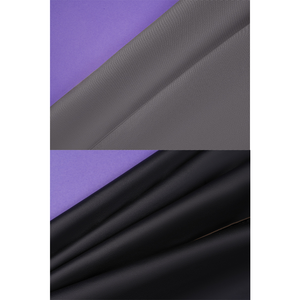 Flins cosplay costume fabric materials displaying gray textured and smooth black fabric on purple base