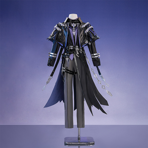 Genshin Impact Flins cosplay costume full front view with white hat, black blue coat and purple accents