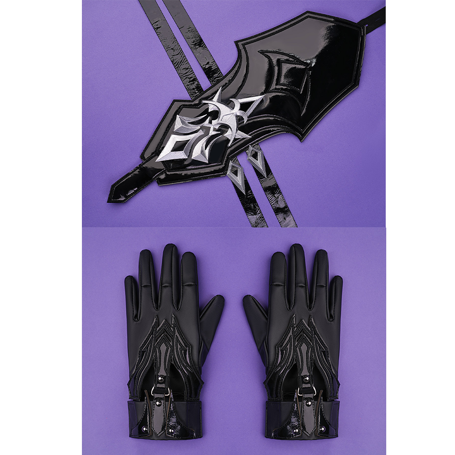 Flins cosplay costume gloves and thigh armor featuring black fabric with ornate patterns and silver emblem