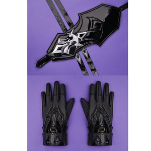 Flins cosplay costume gloves and thigh armor featuring black fabric with ornate patterns and silver emblem