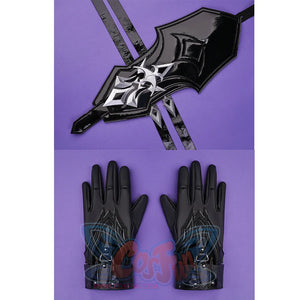 Flins cosplay costume gloves and thigh armor featuring black fabric with ornate patterns and silver emblem