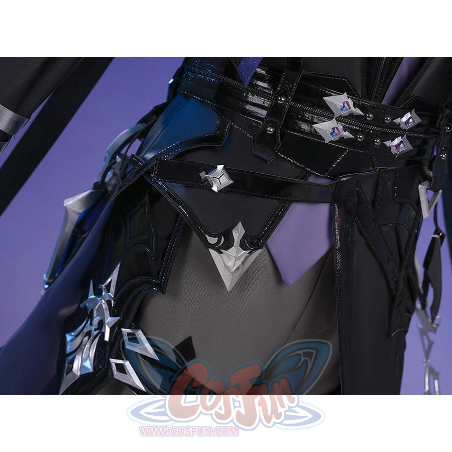 Flins cosplay costume innerwear hemline with black pants, silver star brooch and decorative belt details