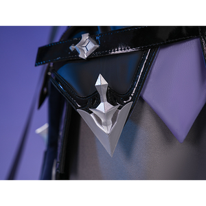 Flins cosplay costume innerwear detail featuring silver arrow ornament on black belt with purple fabric