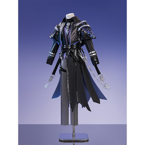 Flins cosplay costume left side view showing white hat, black blue coat with purple details and chains
