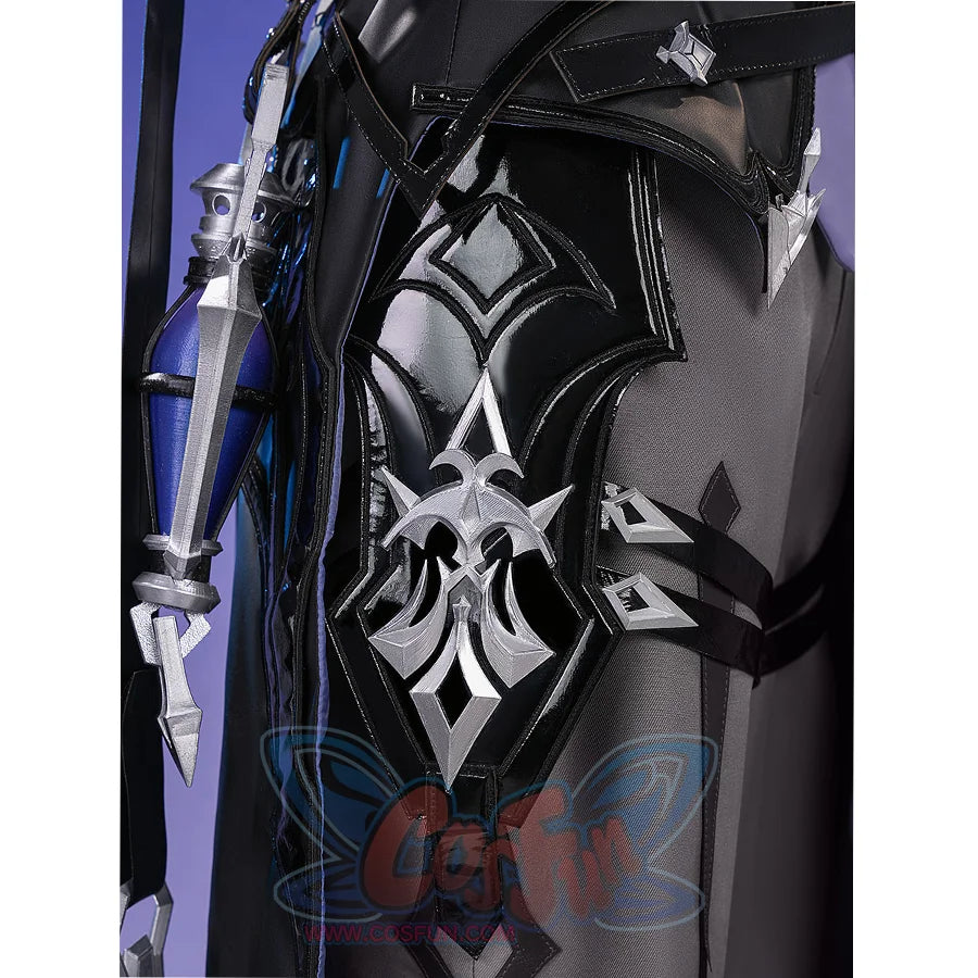 Flins cosplay costume leg straps detail with black leather garters and silver diamond shaped ornaments