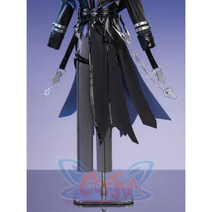 Flins cosplay costume pants full view displaying black trousers with blue hem details and hanging chains
