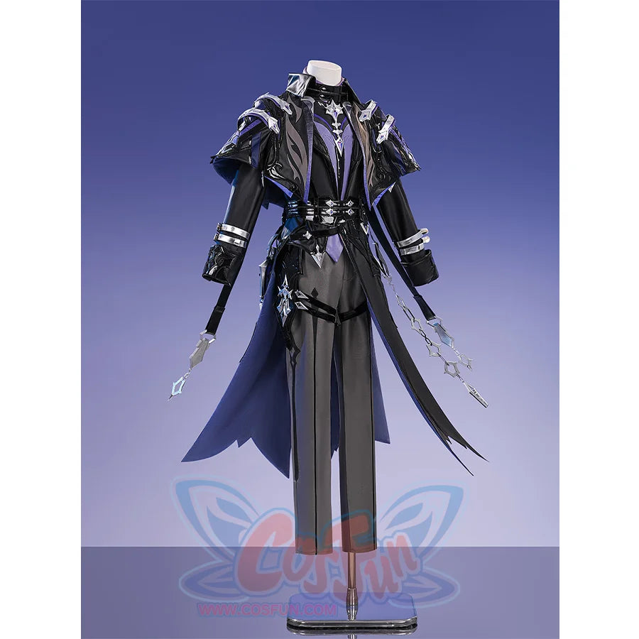 Flins cosplay costume right side view with white hat, purple vest and flowing blue black coat details