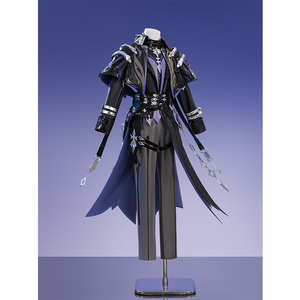 Flins cosplay costume right side view with white hat, purple vest and flowing blue black coat details