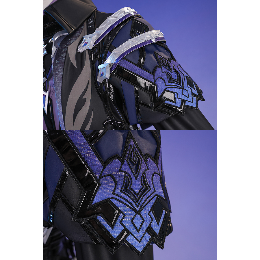 Flins cosplay costume shoulder armor detail with blue geometric patterns and silver metal accents
