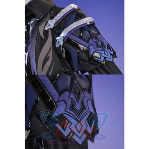 Flins cosplay costume shoulder armor detail with blue geometric patterns and silver metal accents