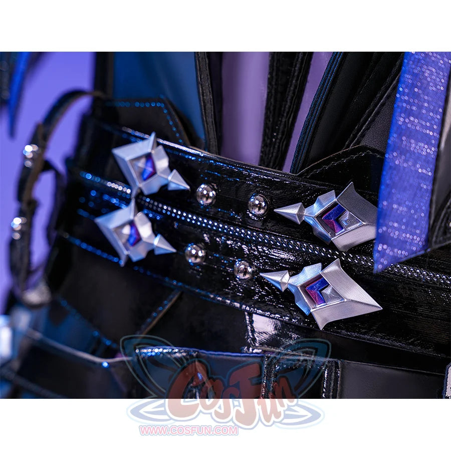 Flins cosplay costume waistband close-up with black leather straps, silver star ornaments and purple gems