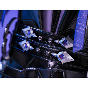 Flins cosplay costume waistband close-up with black leather straps, silver star ornaments and purple gems
