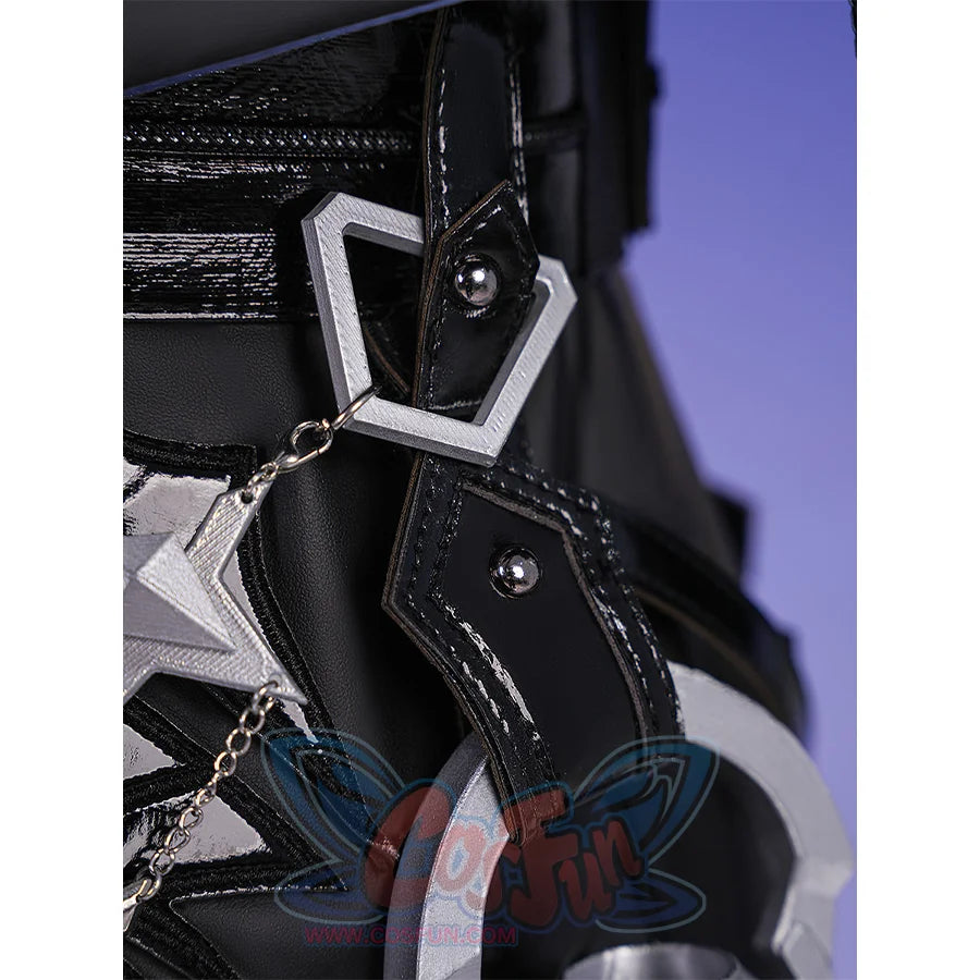Flins cosplay costume waistband detail showing black leather, silver hexagonal ornaments and chain accents
