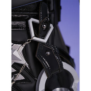 Flins cosplay costume waistband detail showing black leather, silver hexagonal ornaments and chain accents