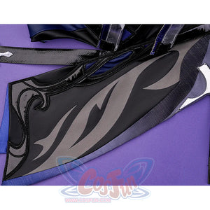 Flins cosplay costume printed fabric detail displaying black gray decorative patterns on purple surface