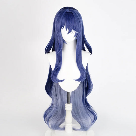 Lauma cosplay wig front view featuring long blue gradient hair with bangs and wavy texture