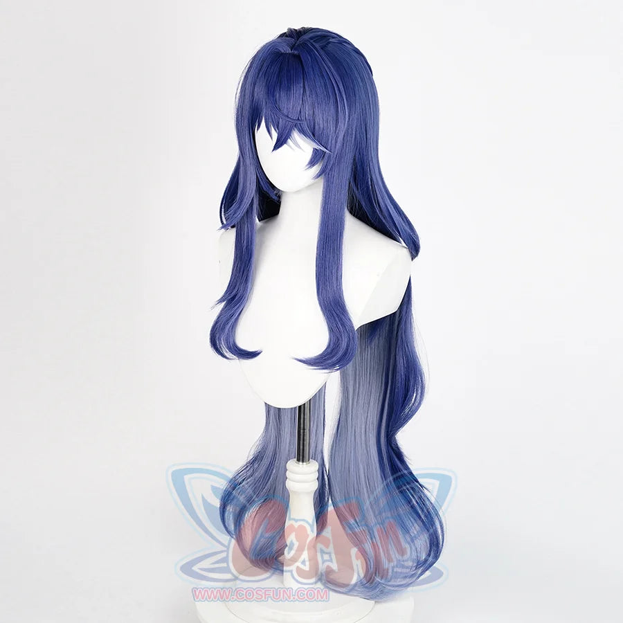 Lauma cosplay wig left side view displaying long blue gradient hair with wavy styling