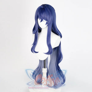 Lauma cosplay wig left side view displaying long blue gradient hair with wavy styling