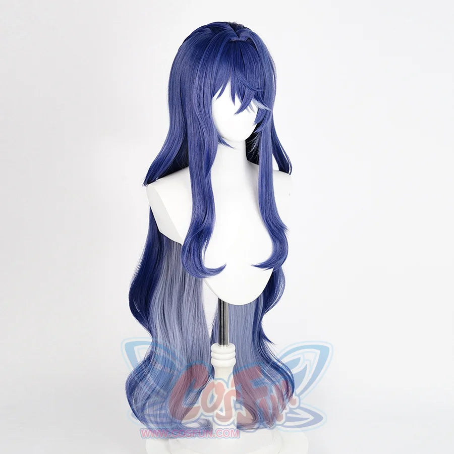 Lauma cosplay wig right side view showing long blue gradient hair with wavy curls