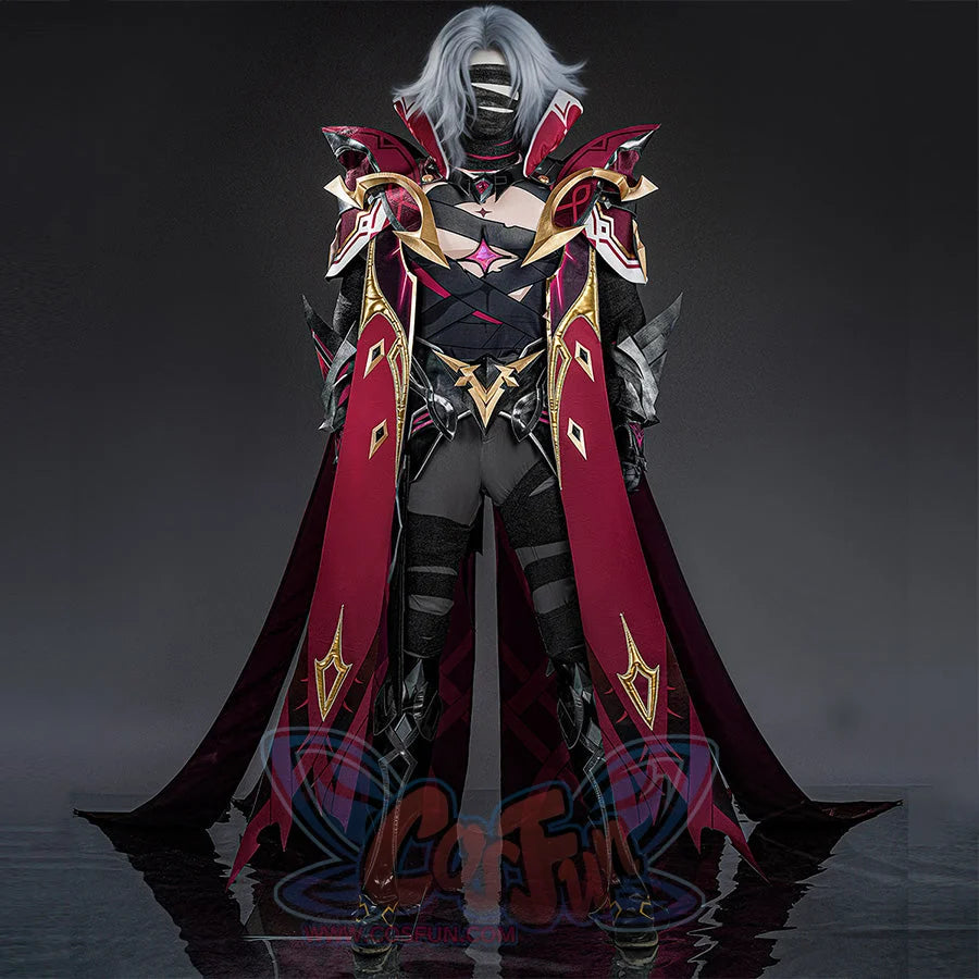 Genshin Impact Rerir cosplay costume full front view with dark armor, red cape, and gold accents