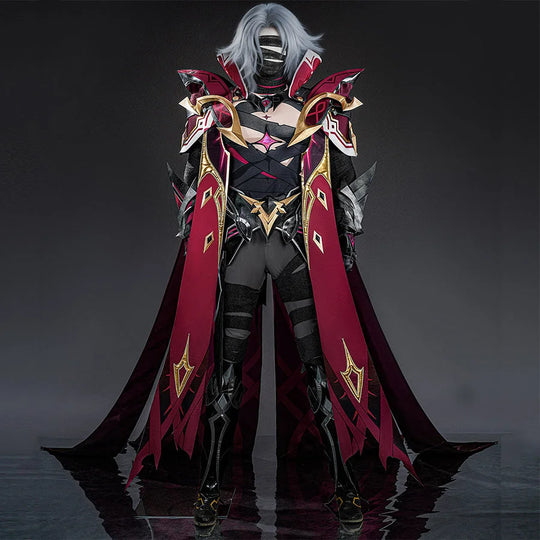 Genshin Impact Rerir cosplay costume full front view with dark armor, red cape, and gold accents
