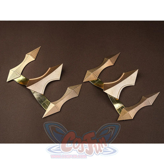 Close-up detail of Genshin Impact Varka cosplay boots gold decorative armor pieces and accessories
