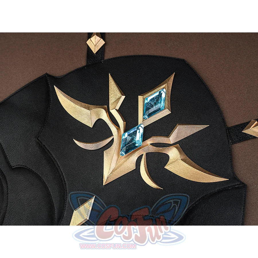 Genshin Impact Varka cosplay costume chest emblem closeup with four-pointed star and turquoise gem center