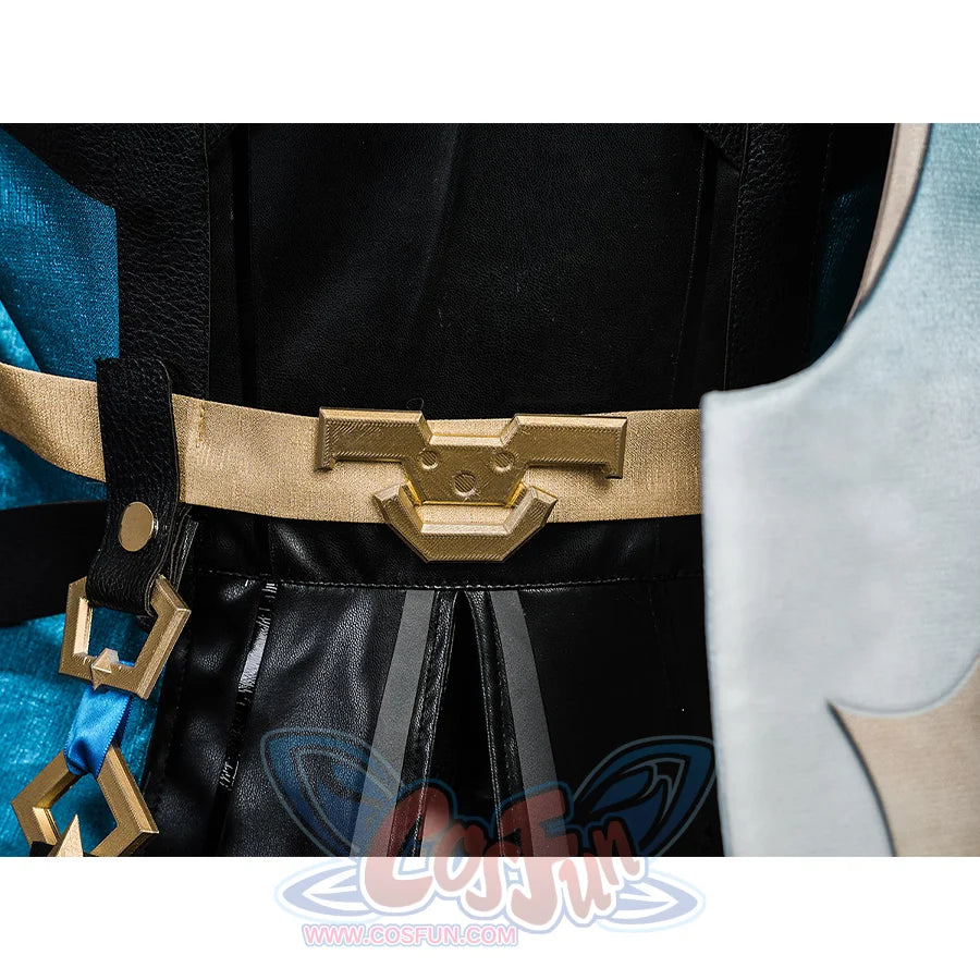 Genshin Impact Varka cosplay costume belt back view with gold clasps and black leather pants detail