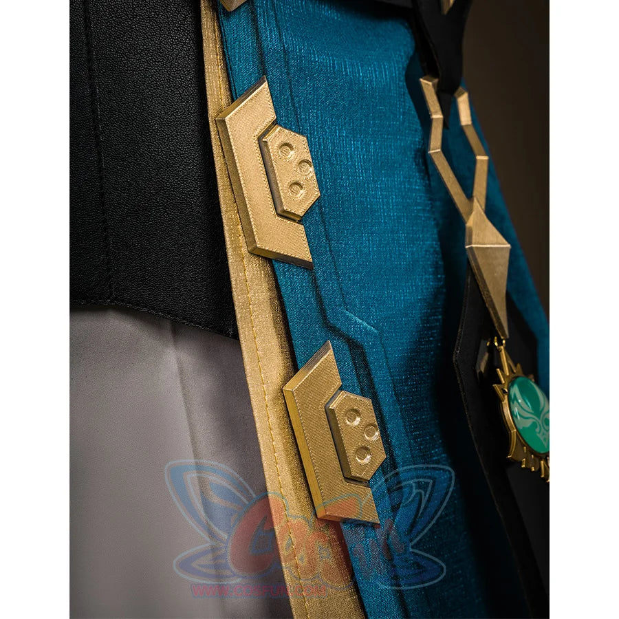 Genshin Impact Varka cosplay costume coat back view detail with gold trim and shield emblem on turquoise fabric