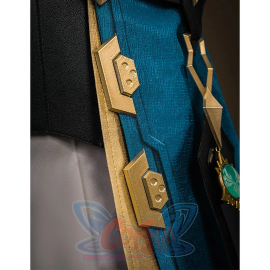 Genshin Impact Varka cosplay costume coat back view detail with gold trim and shield emblem on turquoise fabric