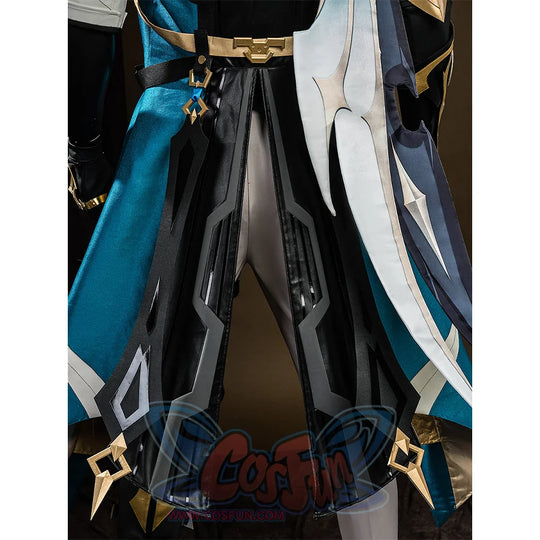 Genshin Impact Varka cosplay costume coat hem back view with turquoise, white, and black layered panels