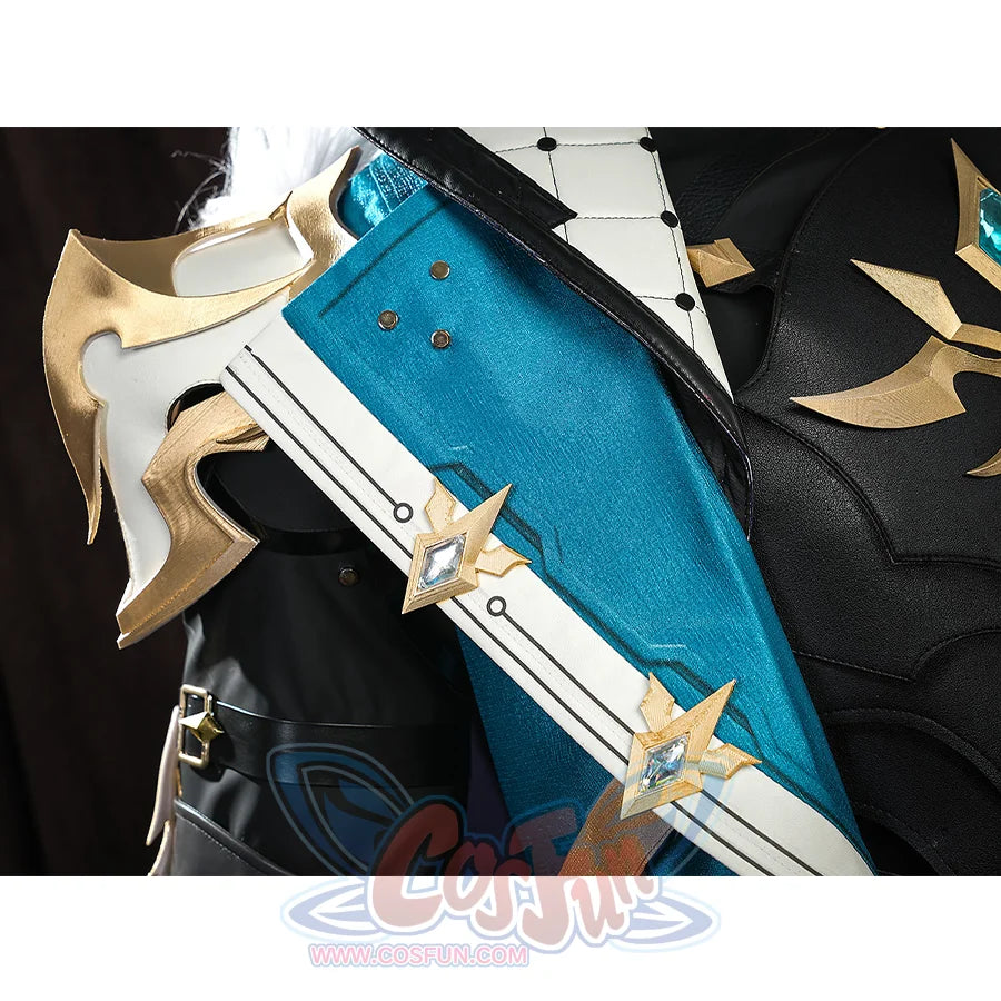 Genshin Impact Varka cosplay costume shoulder pauldron detail with turquoise fabric and gold star accents