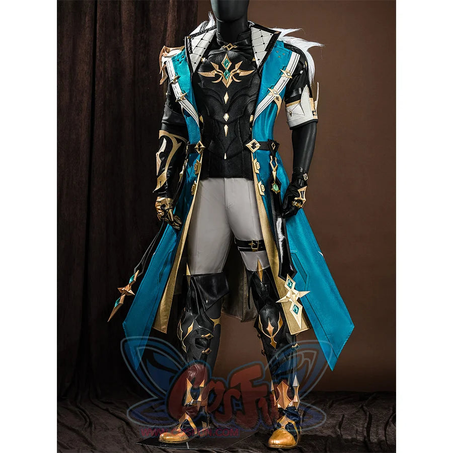 Genshin Impact Varka cosplay costume left side view with star ornaments and black leather leg armor