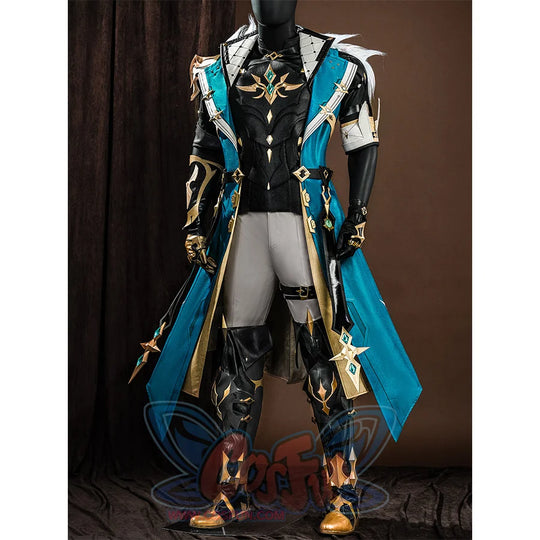 Genshin Impact Varka cosplay costume left side view with star ornaments and black leather leg armor