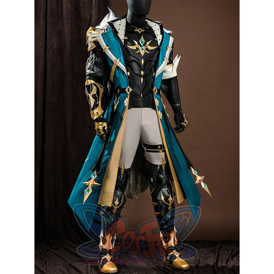 Genshin Impact Varka cosplay costume right side view featuring star emblem and gold-trimmed coat details