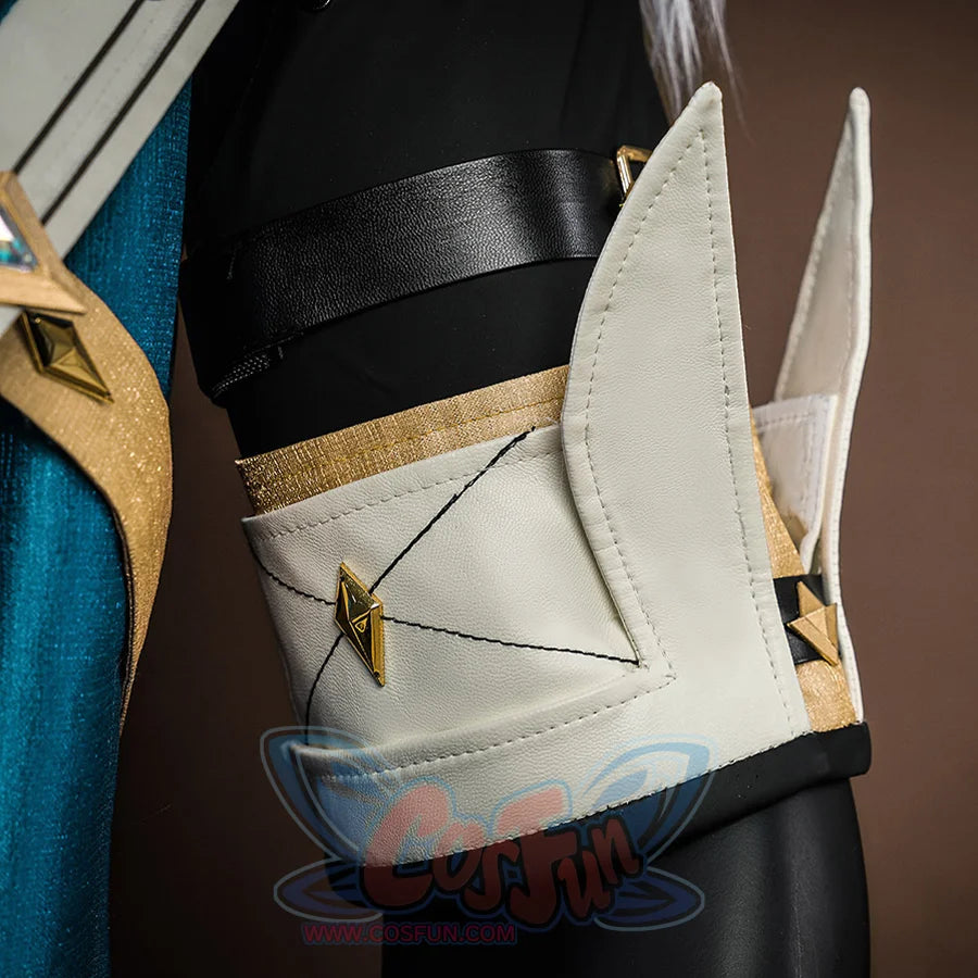 Genshin Impact Varka cosplay costume sleeve detail with white pointed design and gold star accents