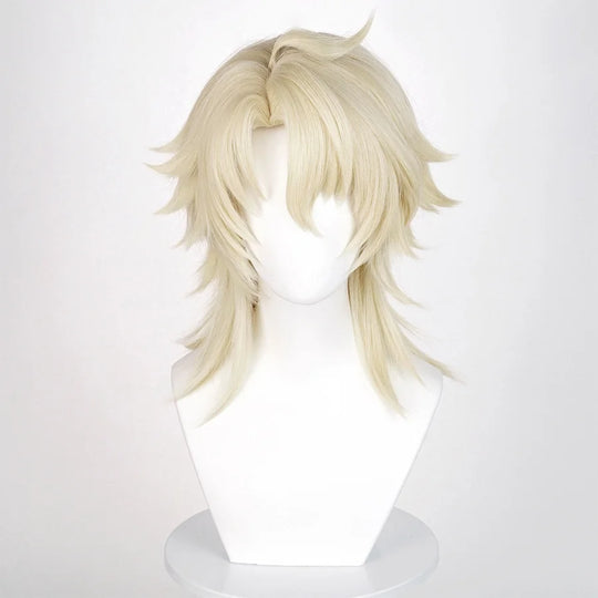 Varka cosplay wig featuring light blonde layered hair with side-parted bangs and natural texture