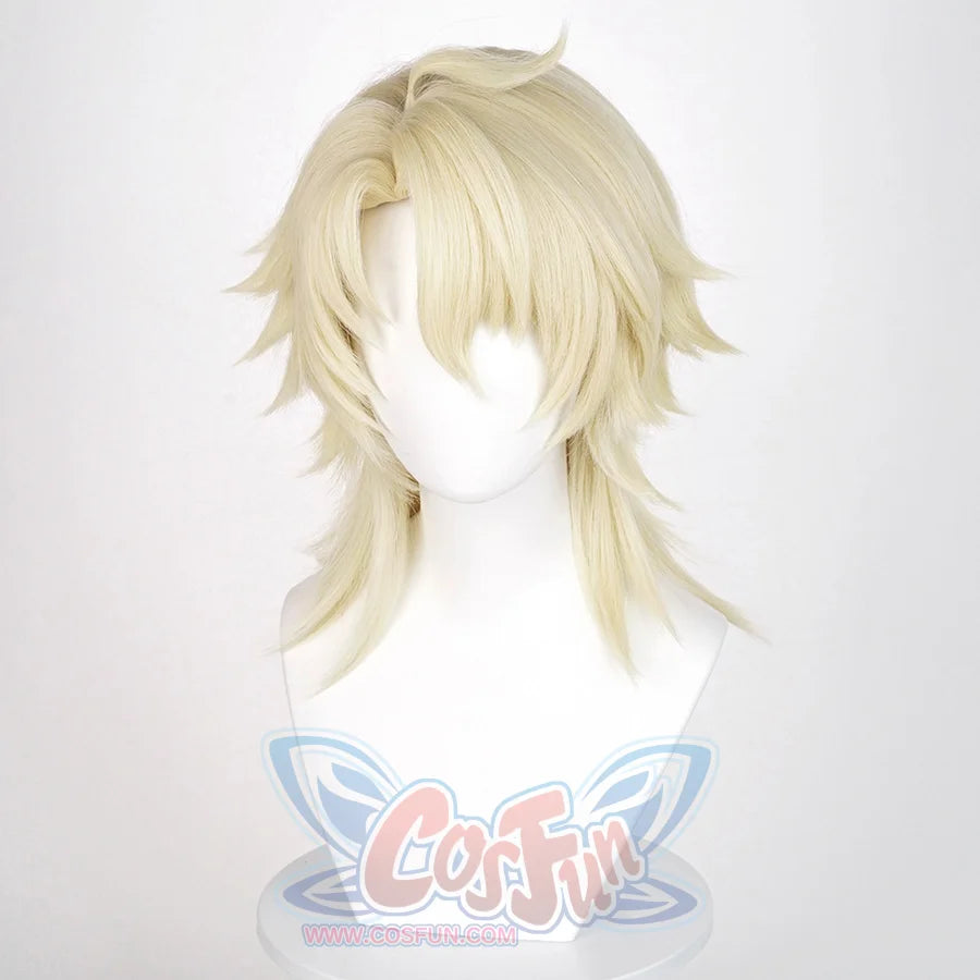 Genshin impact varka light blonde cosplay wig with a small stray hair on top.